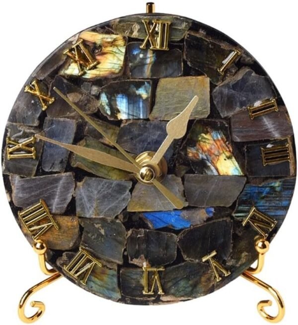 Labradorite Gemstone Table Clock - Silent Movement & Elegant Design