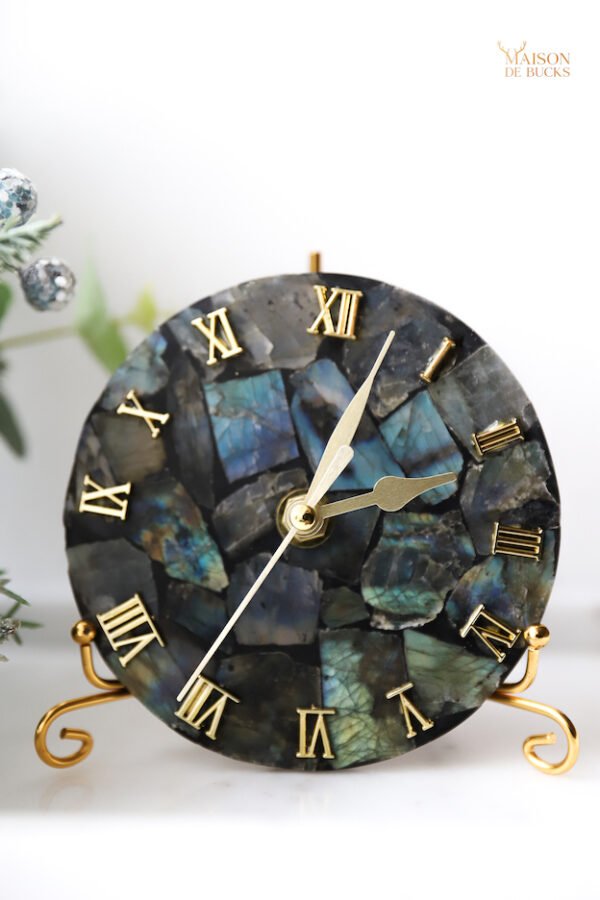 Labradorite Gemstone Table Clock - Silent Movement & Elegant Design - Maison de Bucks