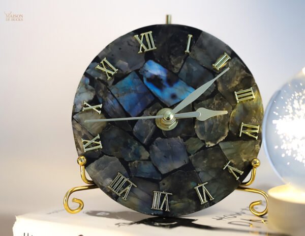 Unique Labradorite Gemstone Table Clock: Available from Maison de Bucks