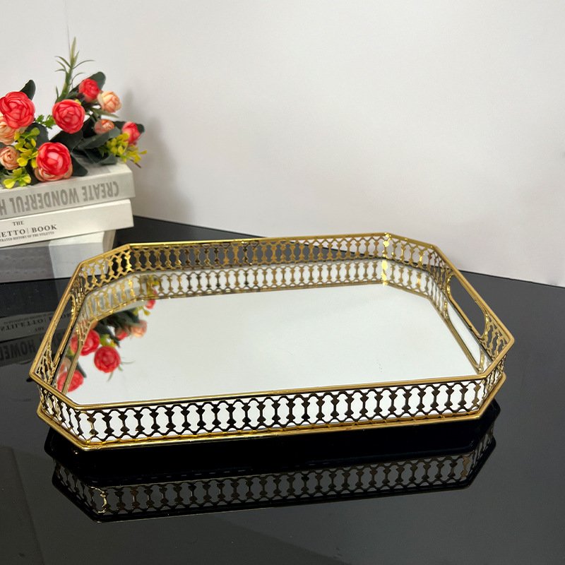 Octagonal Gold Metal Mirror Vanity Tray | Jewelry, Makeup & Decor Display | 29 cm - Image 4